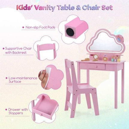 Kids Vanity Set with LED Cloud Mirror & Stool - Pink