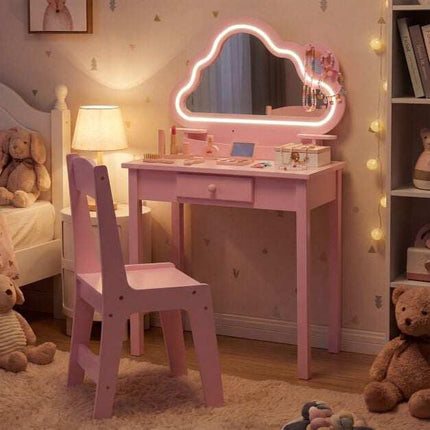 Kids Vanity Set with LED Cloud Mirror & Stool - Pink