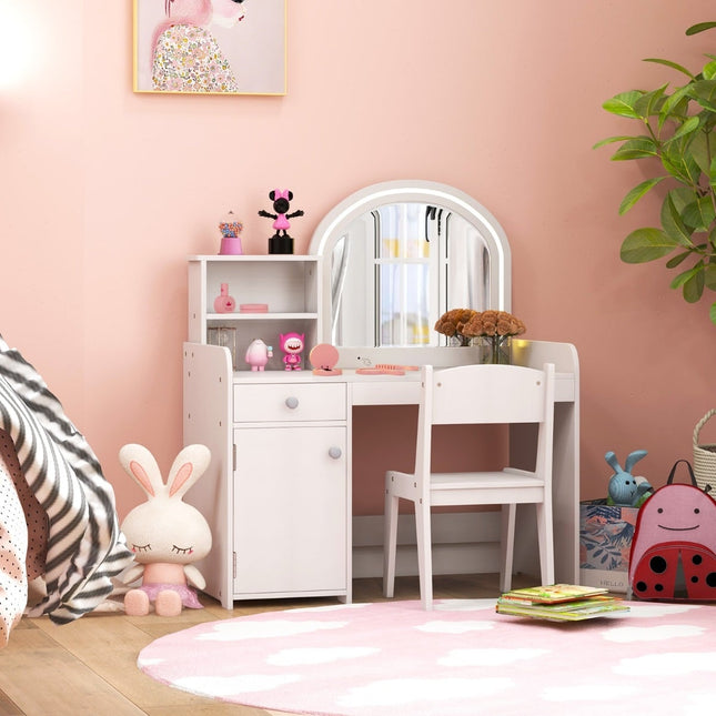 Kinderschminktisch mit LED-Spiegel, Hocker und Stauraum
