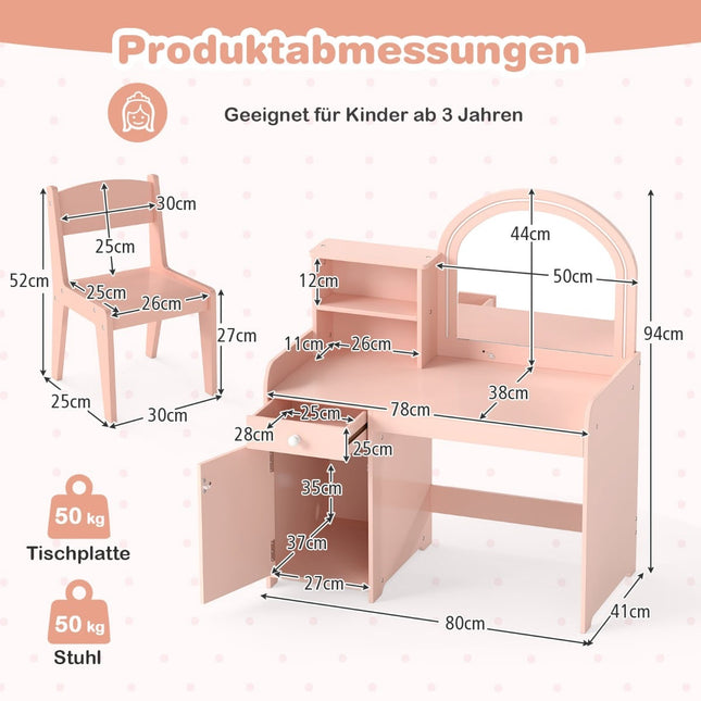 Kinderschminktisch mit LED-Spiegel, Hocker und Stauraum