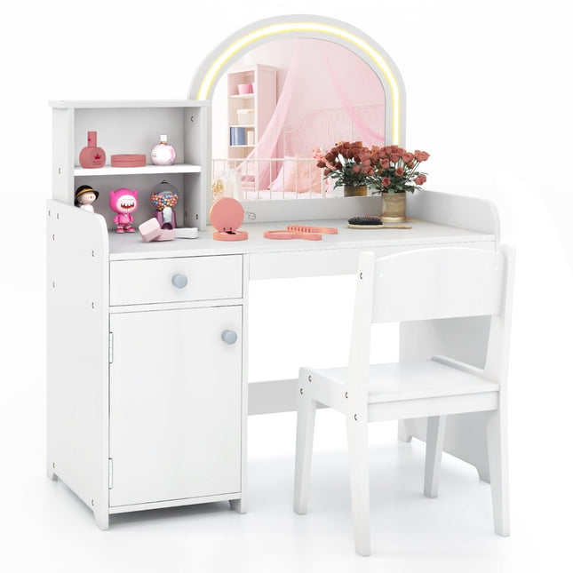 Kinderschminktisch mit LED-Spiegel, Hocker und Stauraum