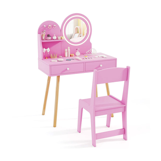 Kinderschminktisch mit beleuchtetem Spiegel, rosa Prinzessinnen-Design