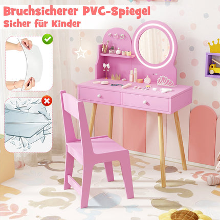 Kinderschminktisch mit beleuchtetem Spiegel, rosa Prinzessinnen-Design