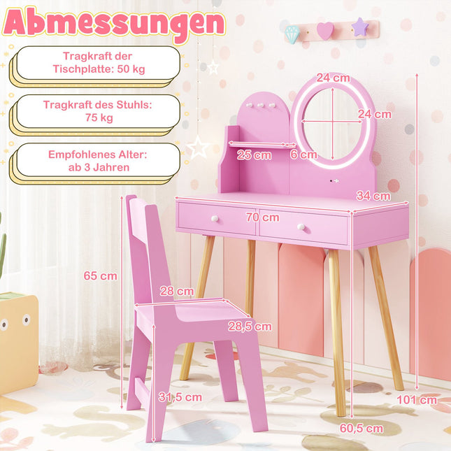 Kinderschminktisch mit beleuchtetem Spiegel, rosa Prinzessinnen-Design