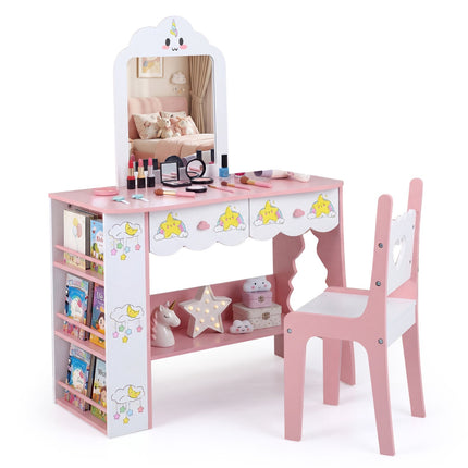 Kinderkaptafelset met spiegel en stoel – roze en wit MDF