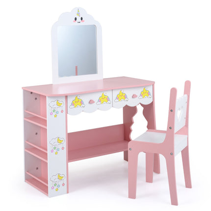 Kinderkaptafelset met spiegel en stoel – roze en wit MDF