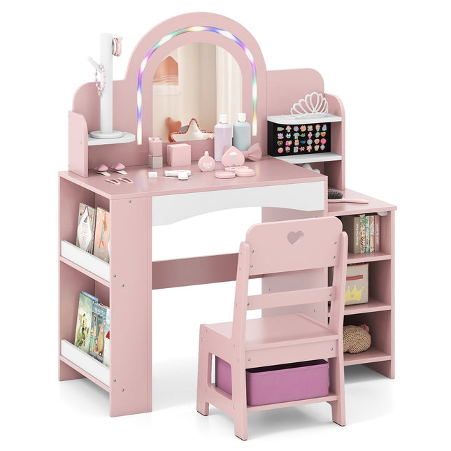 Kinderschminktisch-Set mit Spiegel, Lichtern und Stuhl – Rosa
