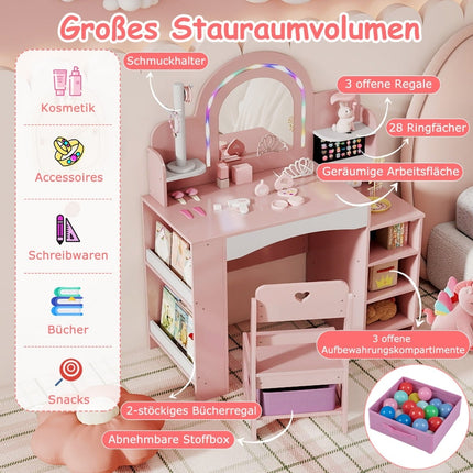 Kids Vanity Set with Mirror, Lights, and Chair – Pink