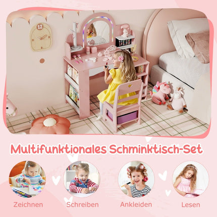 Kids Vanity Set with Mirror, Lights, and Chair – Pink
