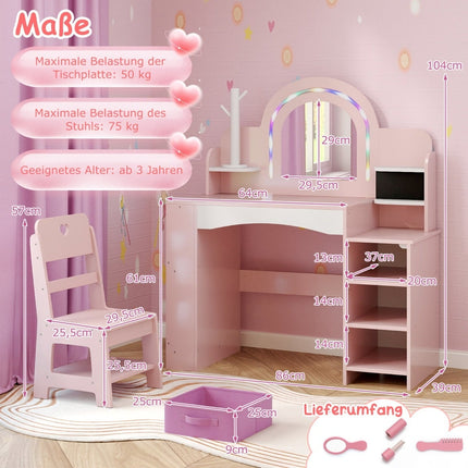 Kids Vanity Set with Mirror, Lights, and Chair – Pink