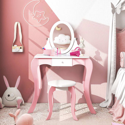 Kinderschminktisch-Set mit drehbarem Spiegel, Hocker, Rosa Weiß