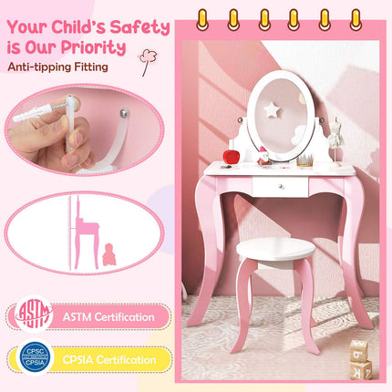 Kinderschminktisch-Set mit drehbarem Spiegel, Hocker, Rosa Weiß