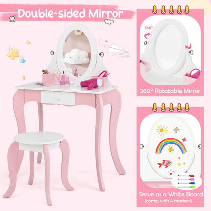 Kinderschminktisch-Set mit drehbarem Spiegel, Hocker, Rosa Weiß
