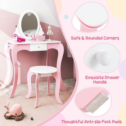 Kinderschminktisch-Set mit drehbarem Spiegel, Hocker, Rosa Weiß