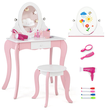 Kinderschminktisch-Set mit drehbarem Spiegel, Hocker, Rosa Weiß