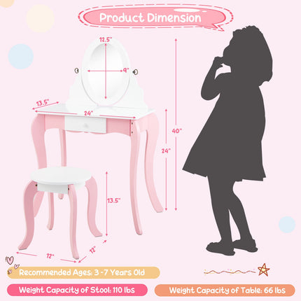 Kinderschminktisch-Set mit drehbarem Spiegel, Hocker, Rosa Weiß