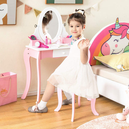 Kinderschminktisch-Set mit drehbarem Spiegel, Hocker, Rosa Weiß
