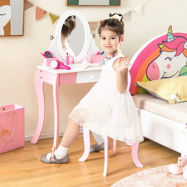Kinderschminktisch-Set mit drehbarem Spiegel, Hocker, Rosa Weiß