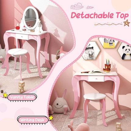 Kinderschminktisch-Set mit drehbarem Spiegel, Hocker, Rosa Weiß
