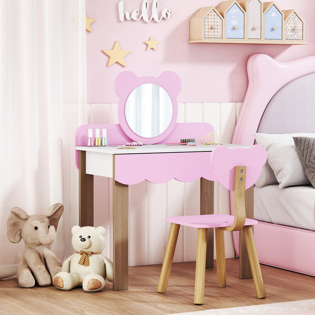 Kinderschminktisch mit Hocker, Bärenspiegel, Rosa MDF