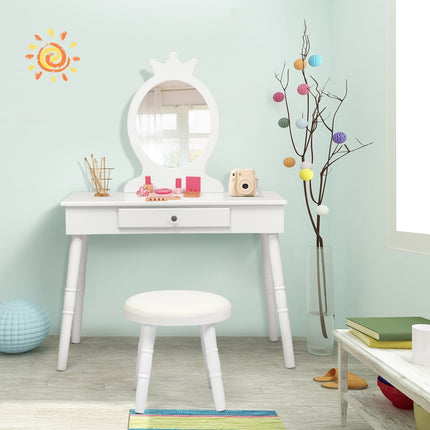 Kids Vanity Set with Stool & Mirror – White Wood