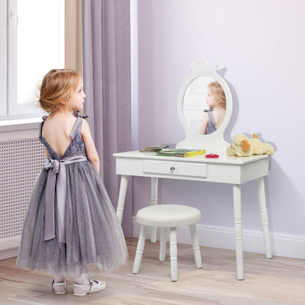 Kids Vanity Set with Stool & Mirror – White Wood