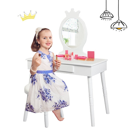 Kids Vanity Set with Stool & Mirror – White Wood
