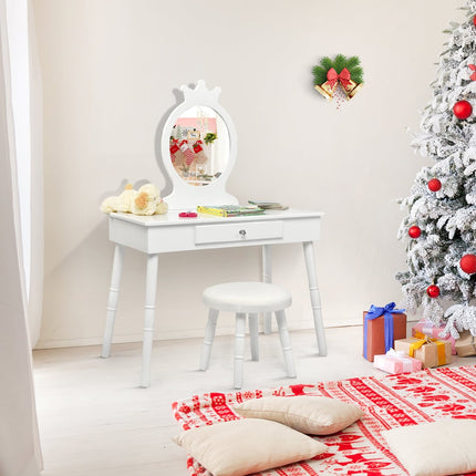 Kids Vanity Set with Stool & Mirror – White Wood