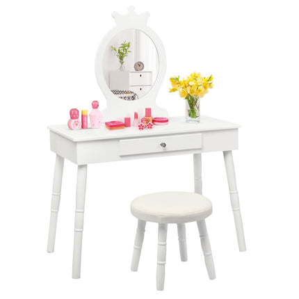 Kids Vanity Set with Stool & Mirror – White Wood