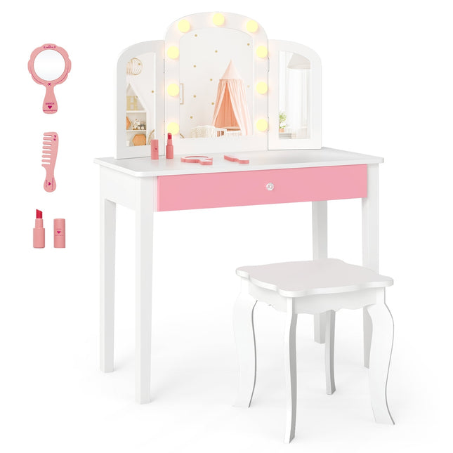 Kinder Schminktisch Set – 2-in-1 Design, LED Beleuchtung, Weiß