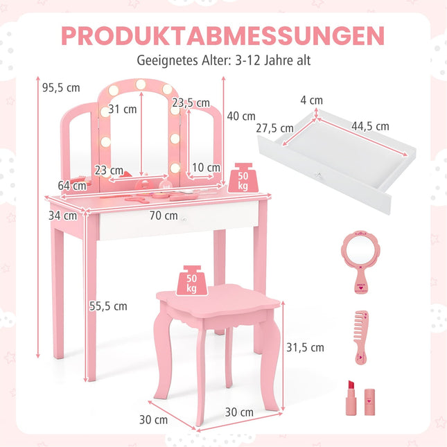 Kinder Schminktisch Set – 2-in-1 Design, LED Beleuchtung, Weiß