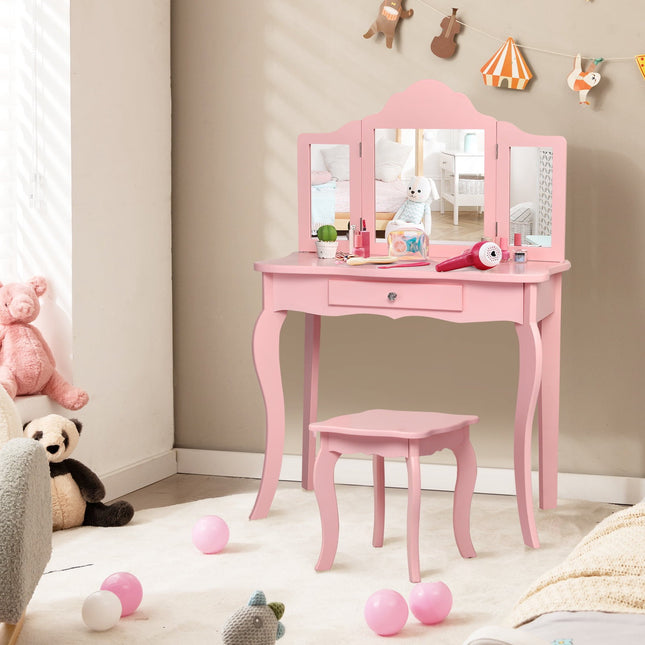 Kinderschminktisch-Set, Hocker, dreifach klappbarer Spiegel, Schublade