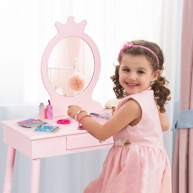 Kinderschminktisch-Set mit Hocker, Spiegel, Schublade, Pink