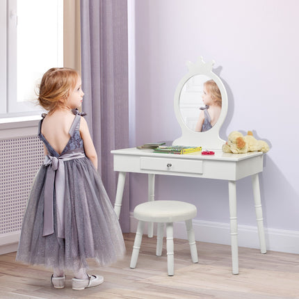 Kids Vanity Table Set With Stool, Mirror, Drawer, White