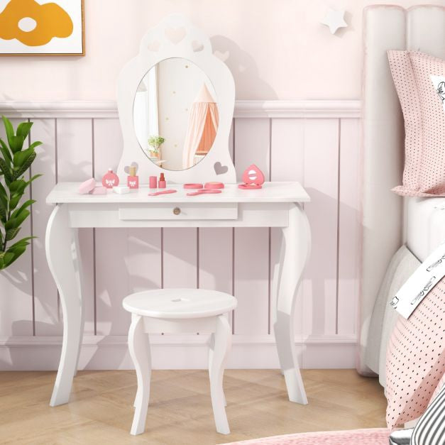 Kinderschminktisch mit Hocker, abnehmbarem Spiegel, Schublade