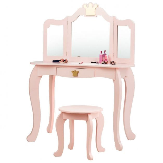 Kinderschminktisch-Set mit Hocker, dreifach klappbarem Spiegel, Schublade