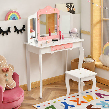 Kinder Schminktisch Set mit Hocker, Dreifach-Spiegel, Schublade