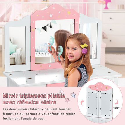 Kinder Schminktisch Set mit Hocker, Dreifach-Spiegel, Schublade