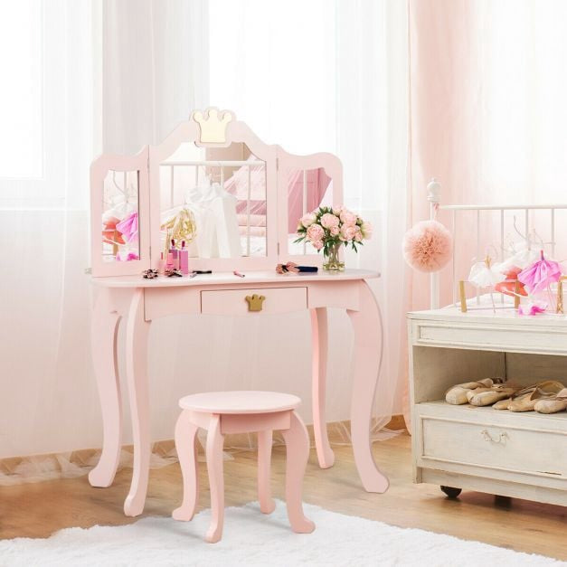 Kinderschminktisch-Set mit Hocker, dreifach klappbarem Spiegel, Schublade