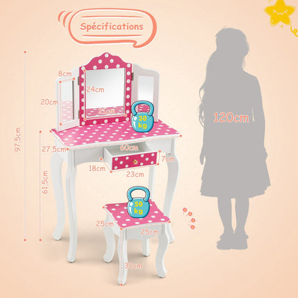 Kinderschminktisch-Set mit Hocker, dreifachem Spiegel, Schublade