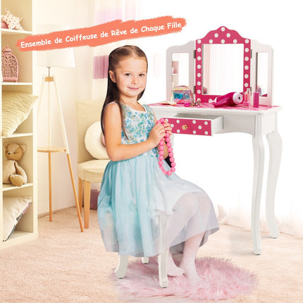 Kinderschminktisch-Set mit Hocker, dreifachem Spiegel, Schublade