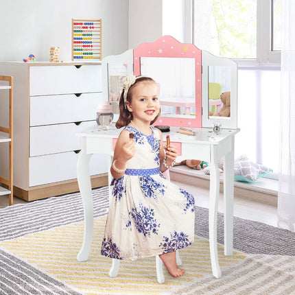 Kinder Schminktisch Set mit Hocker, Dreifach-Spiegel, Schublade