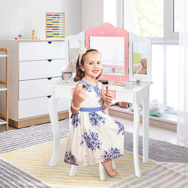Kinder Schminktisch Set mit Hocker, Dreifach-Spiegel, Schublade