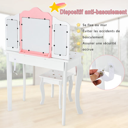 Kinder Schminktisch Set mit Hocker, Dreifach-Spiegel, Schublade