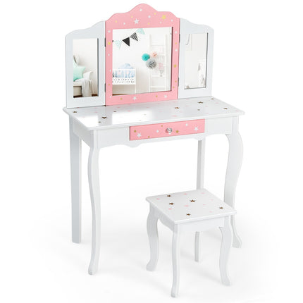 Kinder Schminktisch Set mit Hocker, Dreifach-Spiegel, Schublade
