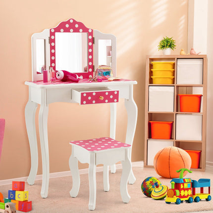 Kinderschminktisch-Set mit Hocker, dreifachem Spiegel, Schublade