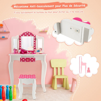 Kinderschminktisch-Set mit Hocker, dreifachem Spiegel, Schublade