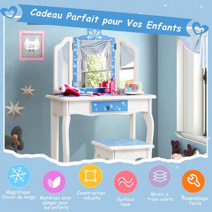 Kids Vanity Table Set With Tri-Fold Mirror, Stool, Blue