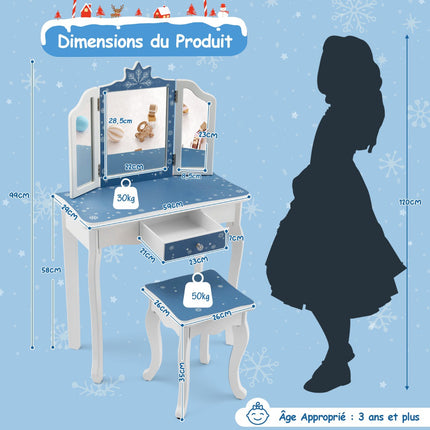 Kids Vanity Table Set With Tri-Fold Mirror, Stool, Blue