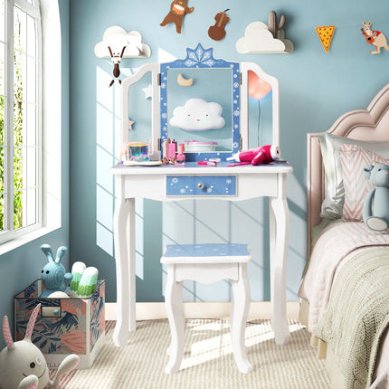 Kids Vanity Table Set With Tri-Fold Mirror, Stool, Blue